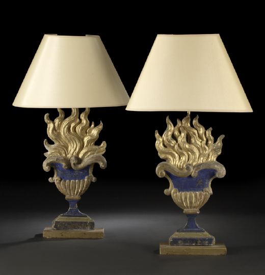 Appraisal: Tall Pair of Italian Carved Parcel-Gilded and Matte Royal Blue-Painted