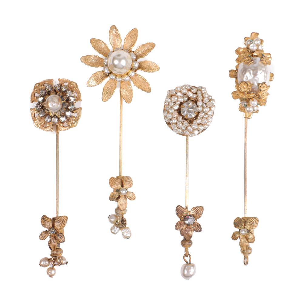 Appraisal: FOUR MIRIAM HASKELL GOLD TONE FAUX PEARL STICK PINS WITH