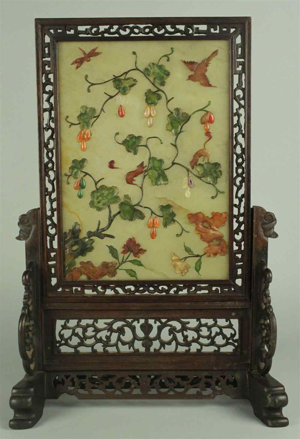 Appraisal: CHINESE HARDSTONE INLAID TABLE SCREEN WITH SQUIRRELS AND GRAPES LATE