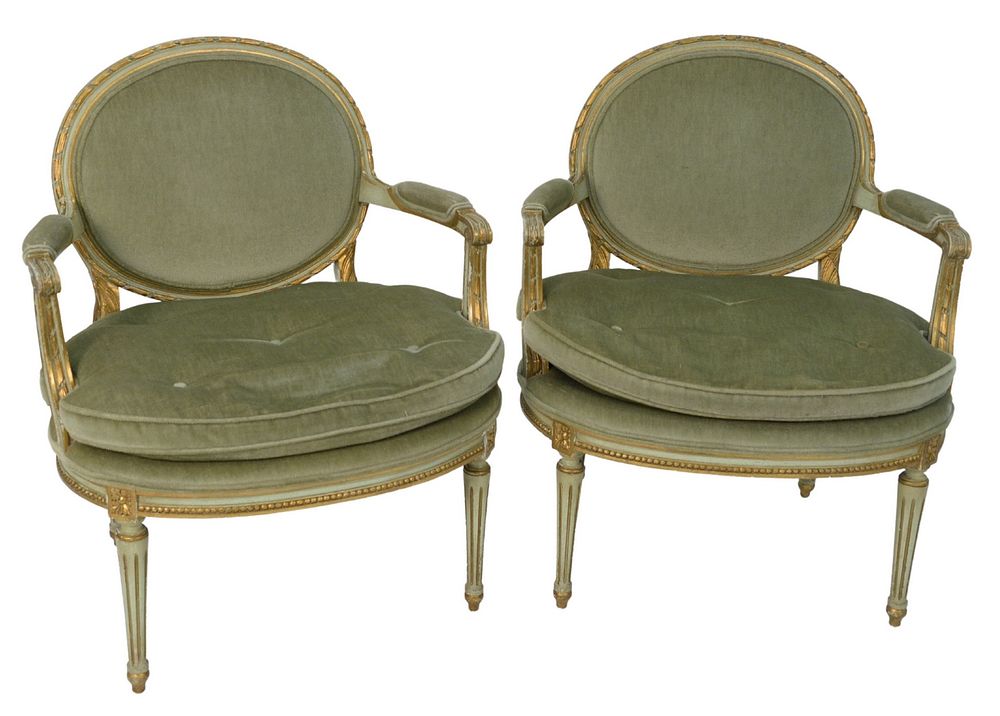 Appraisal: Pair of Louis XVI Style Fauteuil green and gilt frames