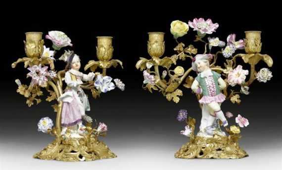 Appraisal: PAIR OF SMALL CANDELABRAS WITH PORCELIAN FIGURES Louis XV the