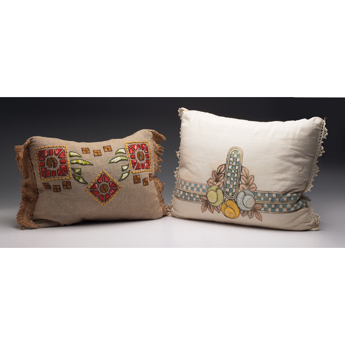 Appraisal: Arts and Crafts pillows two colorfully embroidered designs largest is