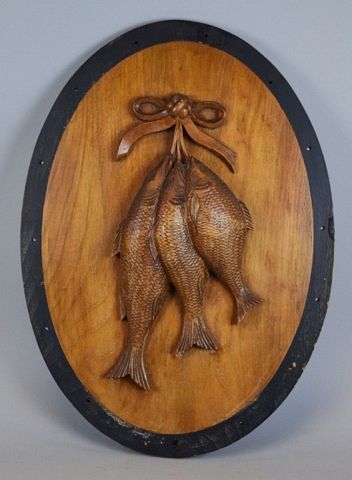 Appraisal: Black Forest Carved Fish Plaque Carved wooden plaque depicting three