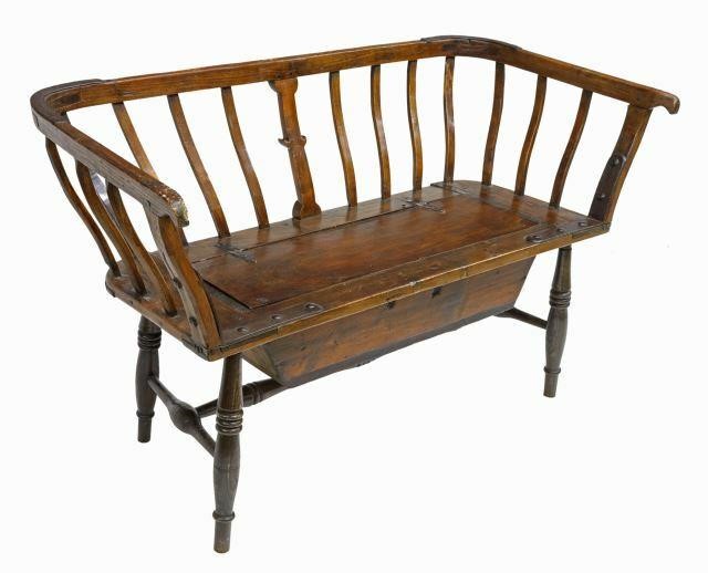 Appraisal: Rustic iron-mounted oak wagon carriage bench early th c rounded