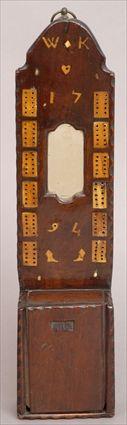 Appraisal: GEORGE III INLAID MAHOGANY HANGING CRIBBAGE BOARD Inlaid with initials