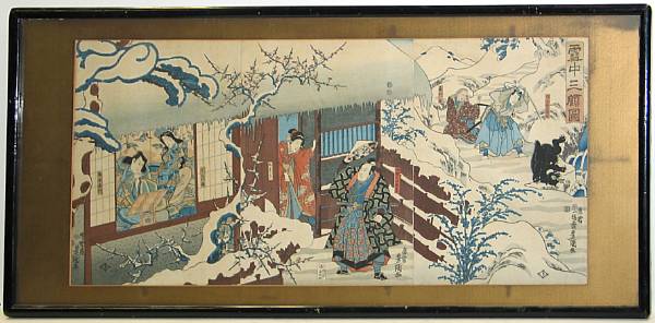 Appraisal: Hiroshige - and Kunisada - five woodblock print triptychs The