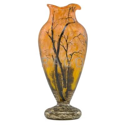 Appraisal: DAUM Fine and tall cameo glass vase enamel-decorated with winter