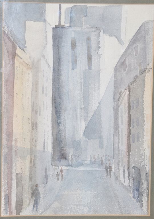 Appraisal: Abstraction watercolor street scene with figures signed illegibly lower right