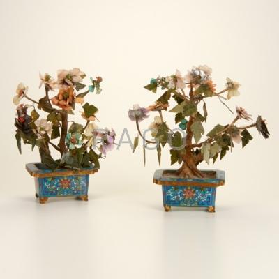 Appraisal: CHINESE Two jade trees each mounted in cloisonne planters th