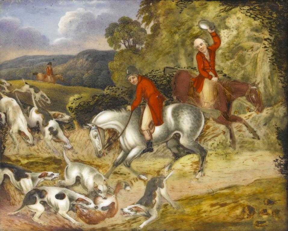 Appraisal: A PLAQUE painted with a fox hunting subject x cm