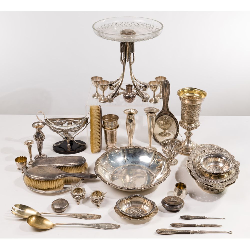 Appraisal: EUROPEAN SILVER OBJECT ASSORTMENT items in silver including bowls utensils