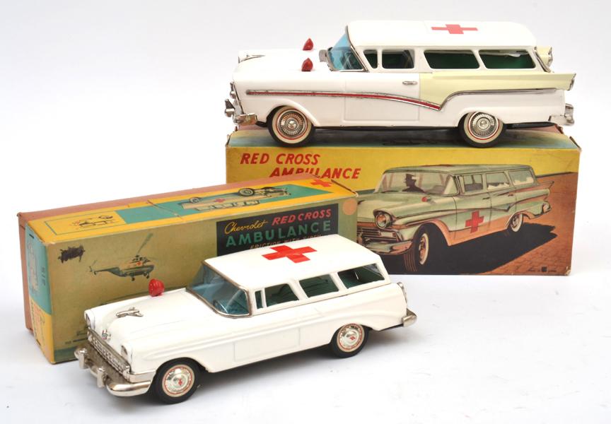 Appraisal: TWO BANDAI JAPAN TINPLATE FRICTION WITH SIREN RED CROSS AMBULANCES