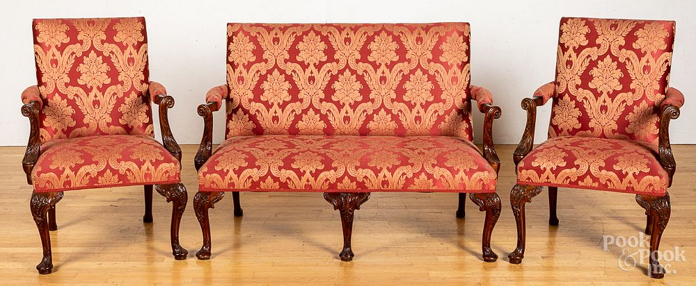 Appraisal: Queen Anne style carved mahogany love seat toget Queen Anne