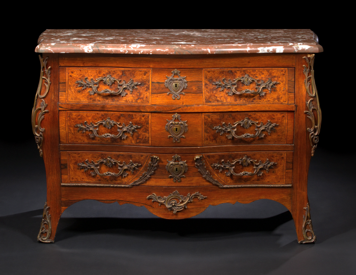 Appraisal: Regence-Style Rosewood Burlwood and Marble-Top Commode mid- th century the