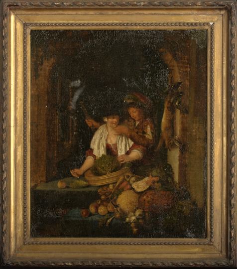 Appraisal: Flemish School Courtship at the Shop Window oil on canvas