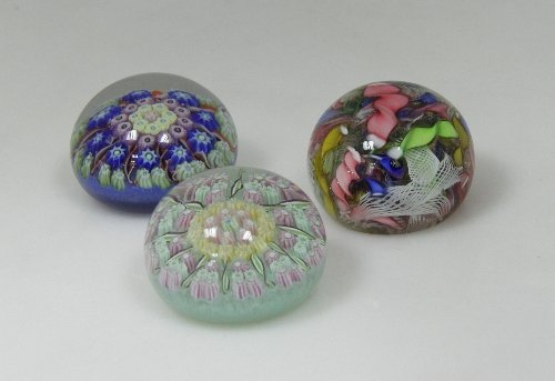 Appraisal: Three glass paperweights with millefiori and gauze decoration