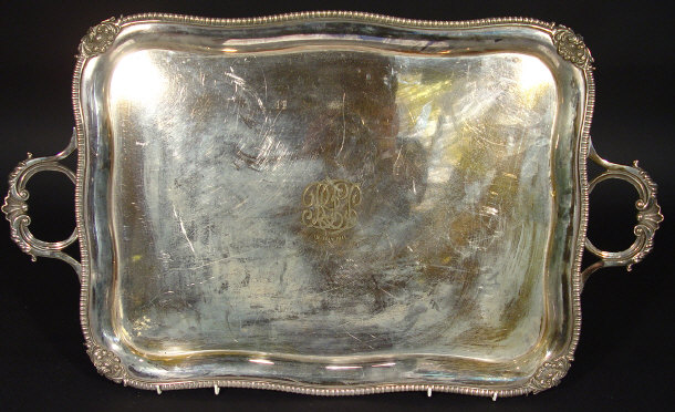 Appraisal: Large silver plated two handled tray with acanthus mouldings to