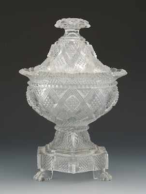 Appraisal: American Pressed Lacy Glass Covered Compote The circular body has