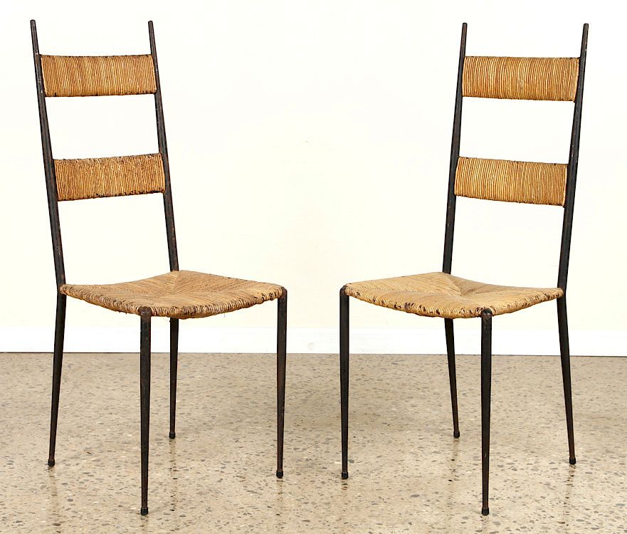 Appraisal: PAIR OF FRENCH IRON AND RUSH SIDE CHAIRS C An