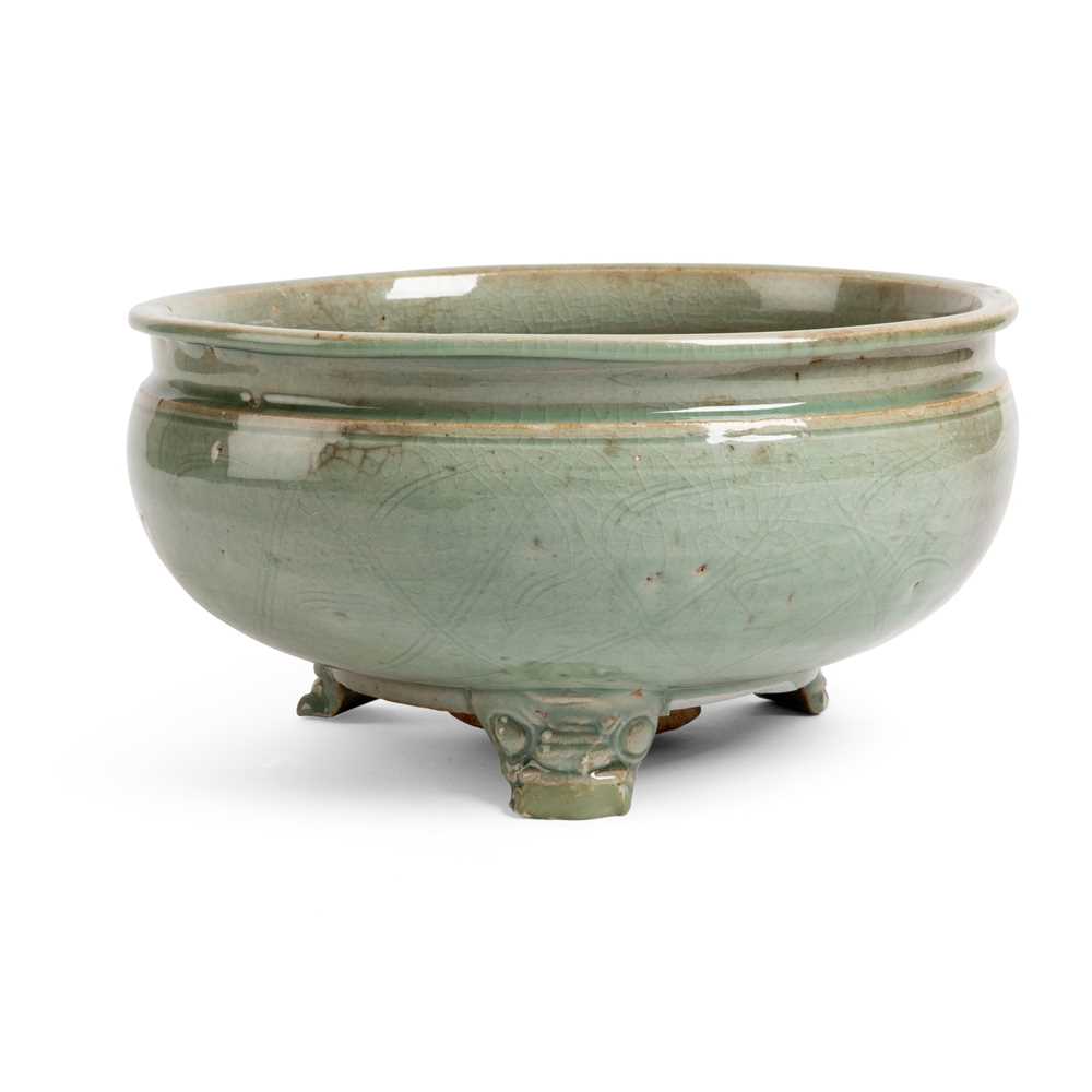 Appraisal: LONGQUAN CELADON-GLAZED TRIPOD CENSER MING DYNASTY TH CENTURY sturdily potted