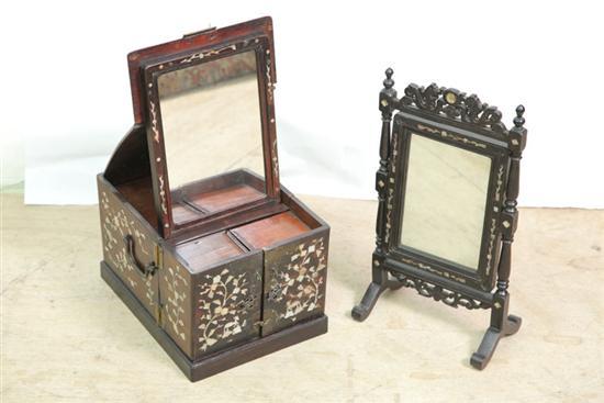 Appraisal: ASIAN JEWELRY BOX AND MIRROR INLAID WITH MOTHER-OF-PEARL Jewelry box