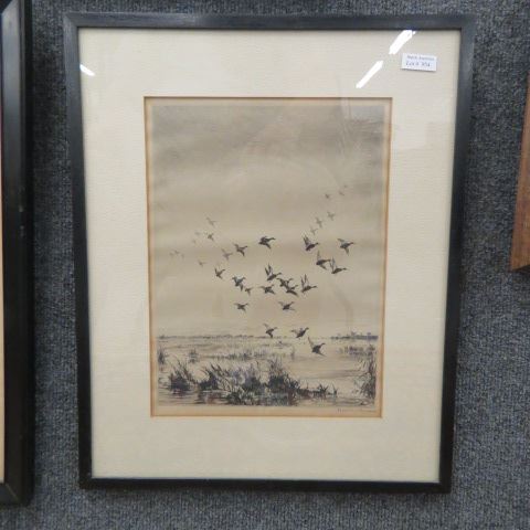 Appraisal: Roland Clark etching Break O'Day ducks in flight image area