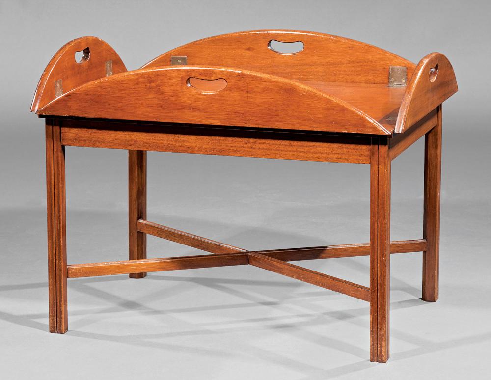 Appraisal: Georgian-Style Mahogany Butler's Tray on Stand molded legs X stretcher