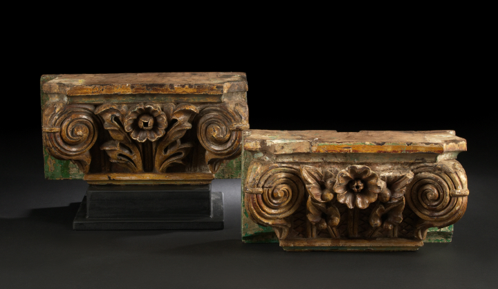 Appraisal: Large Pair of Indian Carved Faux-Malachite and Giltwood Corinthian Pilaster