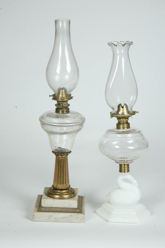 Appraisal: TWO OIL LAMPS Brass classical style with marble base and