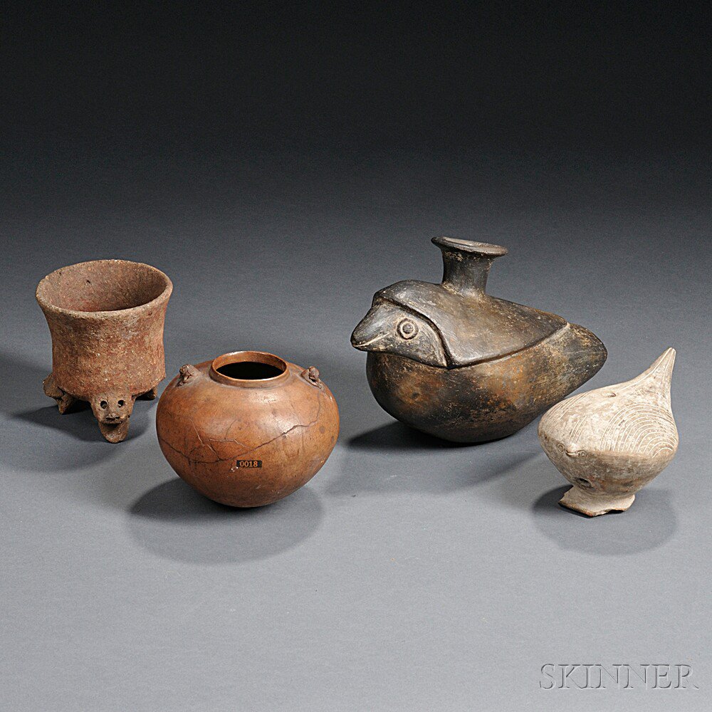 Appraisal: Four Pre-Columbian Pottery Vessels two abstract bird vessels from Peru