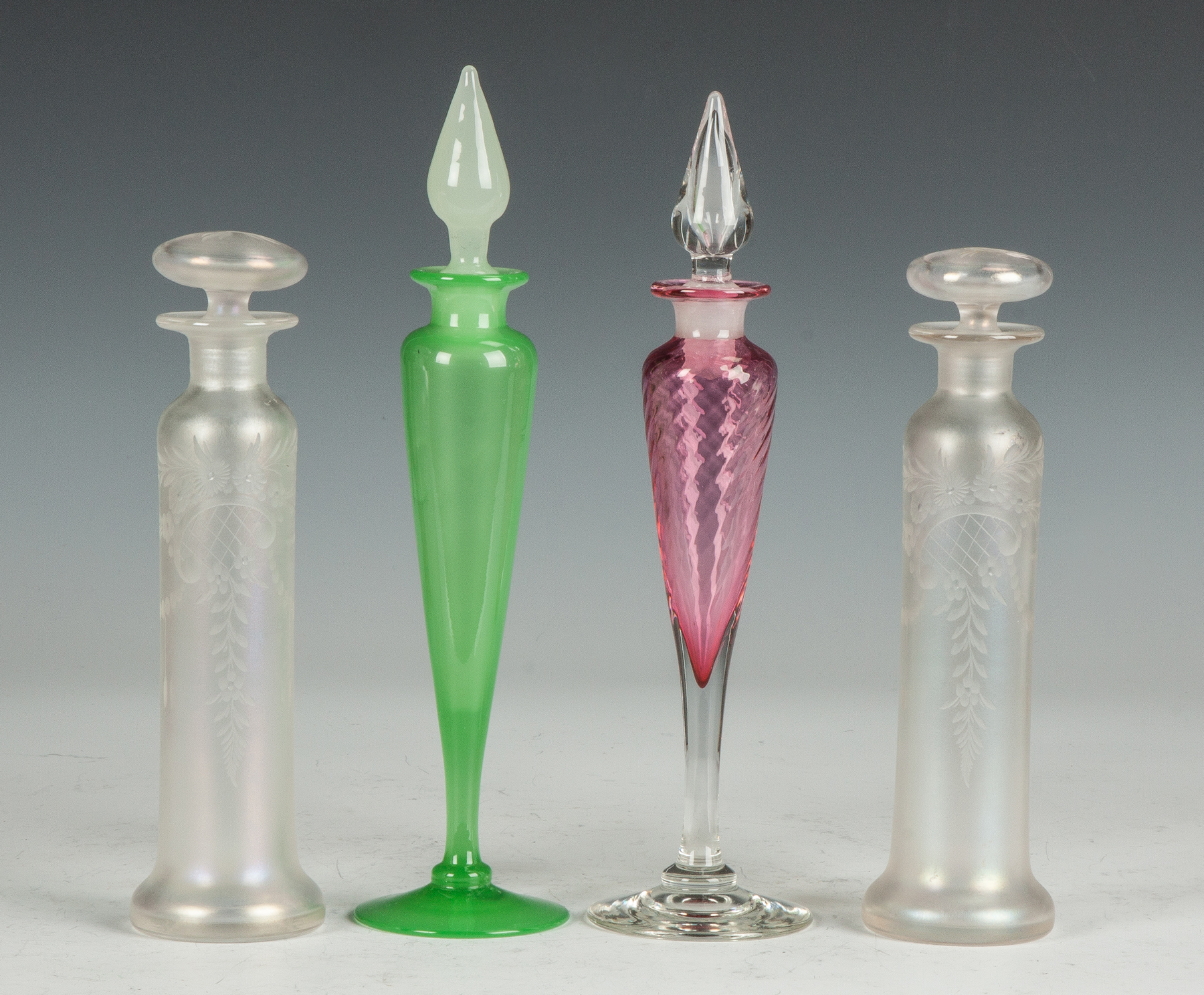 Appraisal: Steuben Jade Pink Cologne Bottles Early th cent