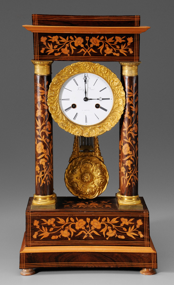 Appraisal: Austrian Marquetry-Inlaid Portico Clock th century dial signed Villey Aine