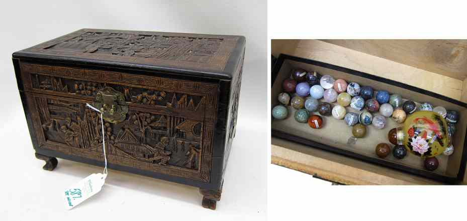 Appraisal: CHINESE CARVED CAMPHORWOOD COVERED BOX Figures and genre scenes in