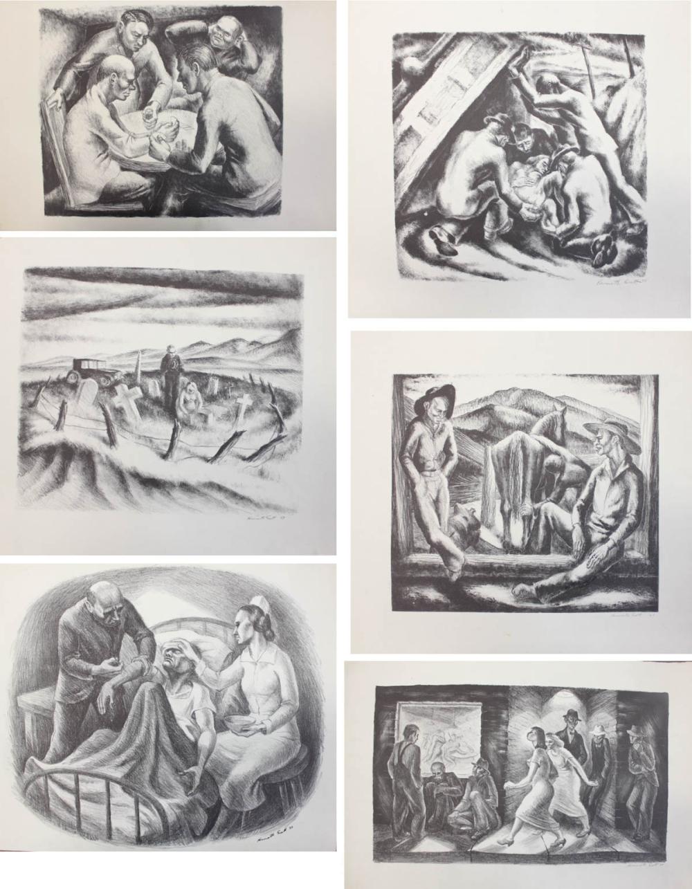 Appraisal: KENNETH EVETT Colorado Kansas - six stone lithographs figures outside