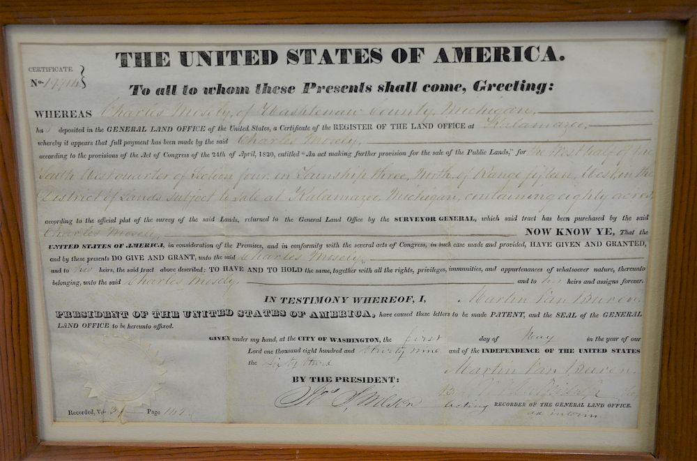 Appraisal: Martin Van Buren signed land grant Michigan sight size x