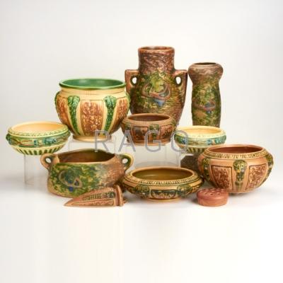 Appraisal: ROSEVILLE Florentine Normandy and Imperial I eleven pieces jardiniere hanging