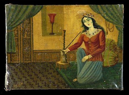 Appraisal: PERSIAN SCHOOL WOMAN WITH HOOKAH Oil on linen signed lower