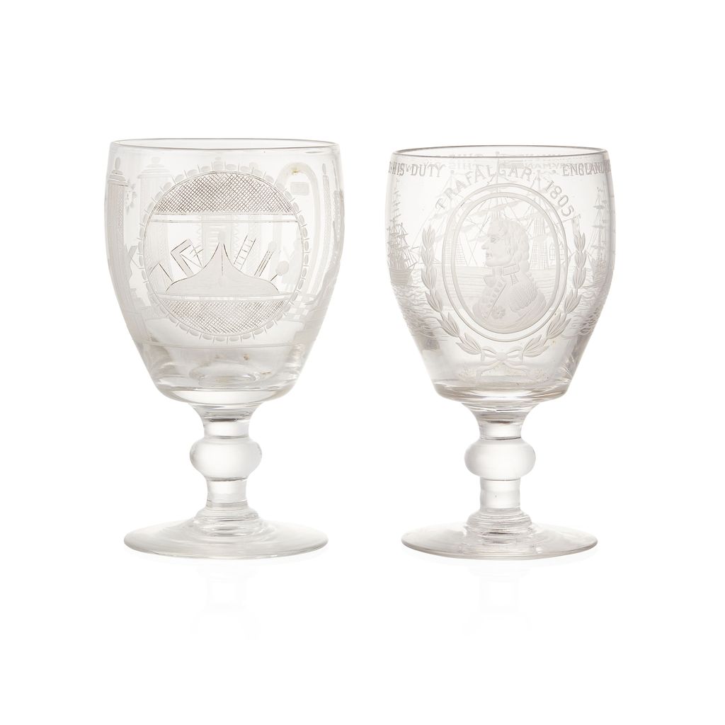 Appraisal: TWO ENGRAVED GLASS RUMMERS TH CENTURY each with a shaped