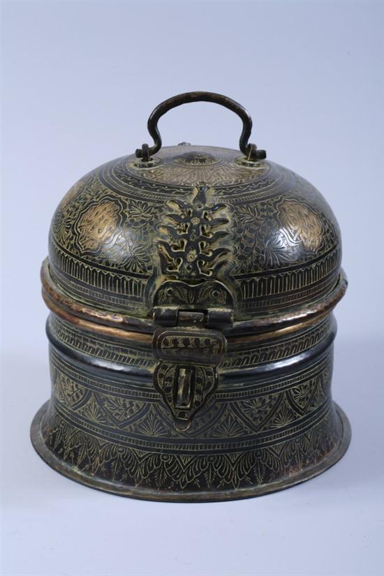 Appraisal: INDIAN BRASS VESSEL AND COVER Chased with quatrefoil reserves enclosing