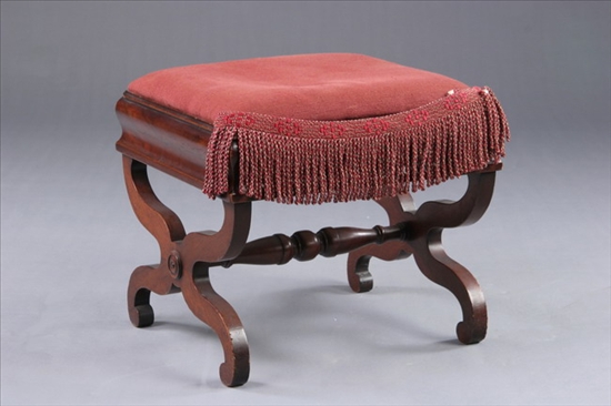 Appraisal: EMPIRE UPHOLSTERED MAHOGANY STOOL th century Rectangular padded and upholstered