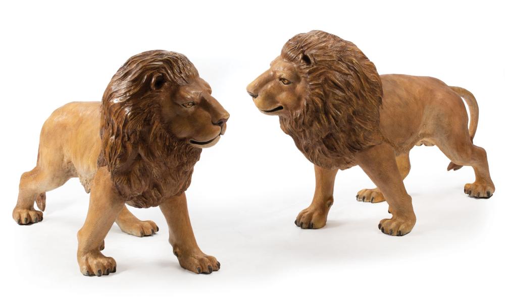 Appraisal: Pair of Large Cold Painted Bronze Figures of Lions realistically