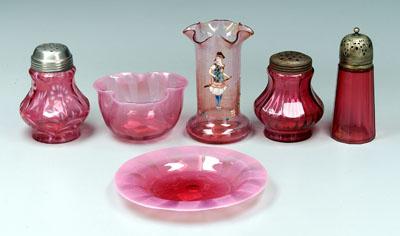 Appraisal: Six pieces cranberry glass in tapered shaker base chip -