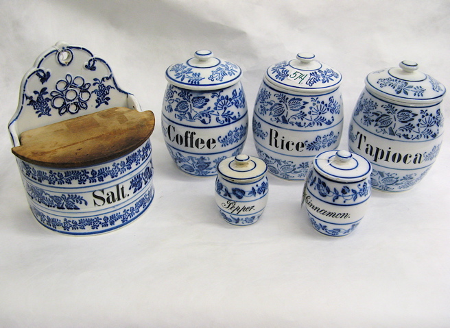 Appraisal: SIX COLLECTION BLUE WHITE POTTERY CANISTERS includes Rice Coffee Tapioca