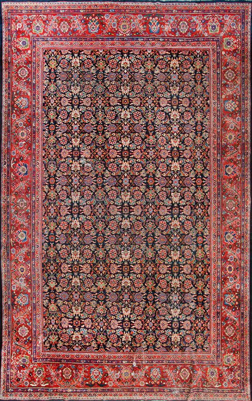 Appraisal: PERSIAN CARPET The cobalt field worked with floral lattice overlay