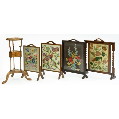 Appraisal: A mahogany wig stand and four various fire screens