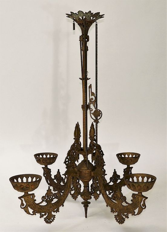 Appraisal: Victorian Four Arm Cast Iron Oil Lamp Chandelier United States