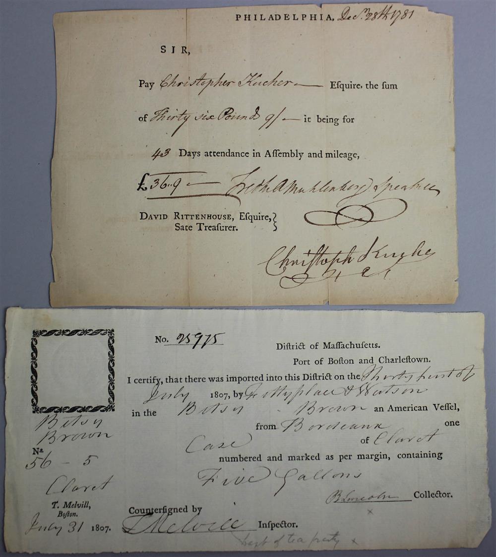 Appraisal: TWO SIGNED REVOLUTIONARY WAR ERA DOCUMENTS MELVILL AND LINCOLN OF