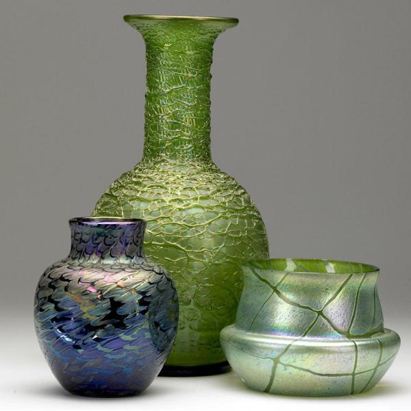 Appraisal: AUSTRIAN GLASS Three art glass vases in the style of