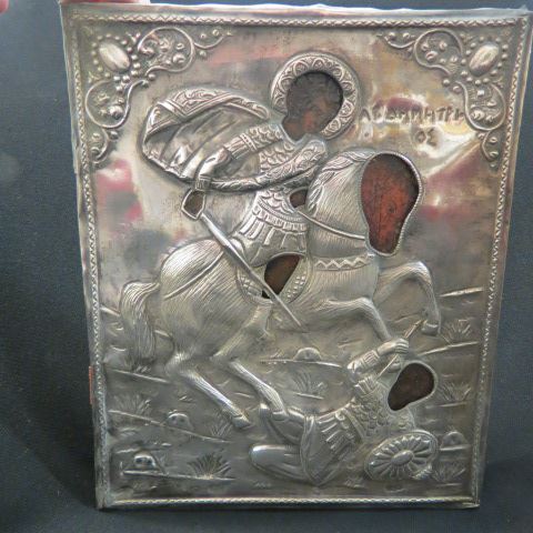 Appraisal: Early Greek Iconwith silver raised cover figure on horseback and