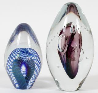 Appraisal: ECKHART BLOWN GLASS PAPERWEIGHTS TWO H Signed One primarily purple